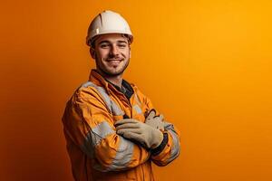 Portrait of a smiling man in orange workwear standing against an orange background photo