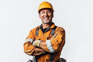 A smiling man in an orange hard hat and overalls photo