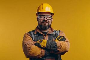 Portrait of a smiling man in hard hat and glasses standing in front of yellow background photo
