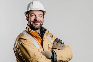 A man in a hard hat and gloves posing for the camera photo