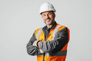 Portrait of a smiling man in an orange vest and hard hat on a gray background photo