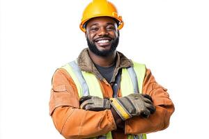 A smiling black man in a hard hat and safety vest photo