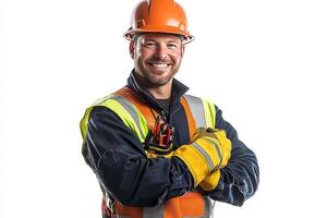 A smiling man in an orange and yellow vest photo