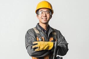 Asian male construction worker with tools photo