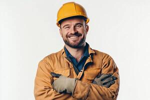 A smiling man in a hard hat and gloves photo