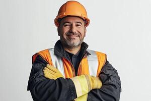 A man in an orange vest and hard hat photo