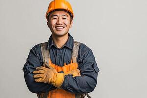 A smiling man in an orange hard hat and overalls photo