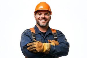 A smiling man in a hard hat and overalls photo