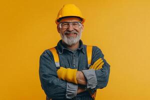 Portrait of smiling senior construction worker isolated on yellow background photo