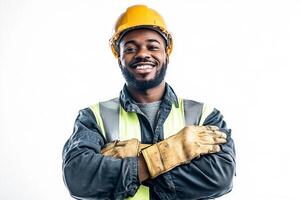 A smiling black man in a hard hat and safety vest photo