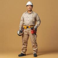 A man in a hard hat and overalls standing on a yellow background photo