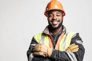 A smiling black man in a hard hat and safety vest photo