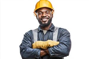 An african american man in a hard hat and overalls photo