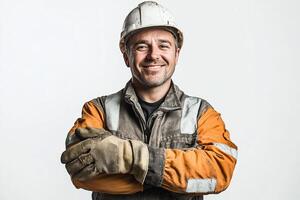 A man in an orange and white hard hat and gloves photo