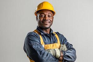 An african american man in a hard hat and overalls photo