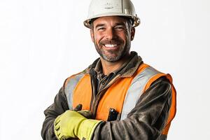 A man in an orange vest and hard hat photo