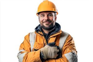 A man in an orange hard hat and yellow jacket photo