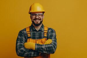 Portrait of a smiling man in overalls standing on yellow background photo