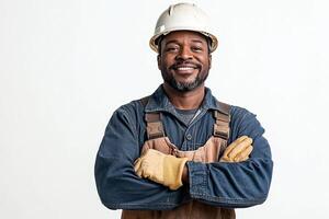 A smiling black man in overalls and gloves photo