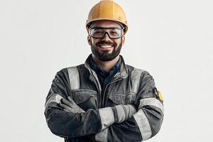 Portrait of a smiling man in a hard hat and glasses standing in front of a white background photo