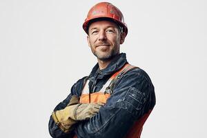 A man in an orange hard hat and overalls photo