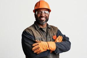 A smiling black man wearing an orange hard hat and gloves photo