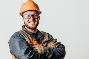 Portrait of a smiling man in hard hat and safety glasses on a white background photo