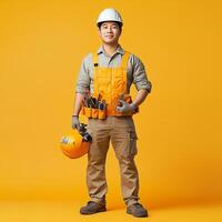 A man in a hard hat and overalls holding a toolbox photo