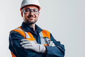 Portrait of a smiling man in safety vest and glasses on a white background photo