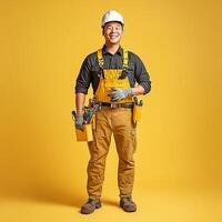 A man in overalls holding a toolbox photo
