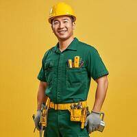 A man in a green work suit holding a tool photo