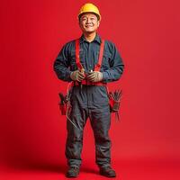 A man in a hard hat and overalls standing in front of a red background photo