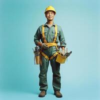 A man in a hard hat and overalls holding tools photo