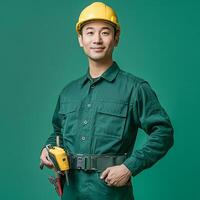 A man in a green coverall holding a drill photo