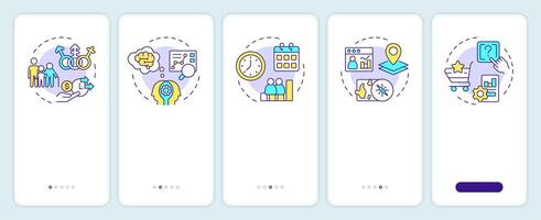 Audience analysis onboarding mobile app screen. Business assess walkthrough 5 steps editable graphic instructions with linear concepts. UI, UX, GUI template vector