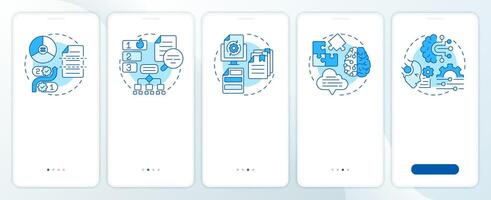 Chunking strategies in RAG blue onboarding mobile app screen. Walkthrough 5 steps editable graphic instructions with linear concepts. UI, UX, GUI template vector