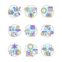 Audience analysis multi color concept icons. Studying customers behavior. Digital marketing strategy. E business. Icon pack. Round shape illustrations for presentation. Abstract idea vector