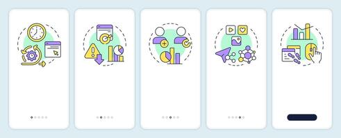 Audience engagement metrics onboarding mobile app screen. Walkthrough 5 steps editable graphic instructions with linear concepts. UI, UX, GUI template vector