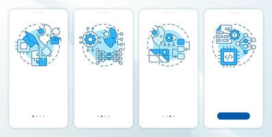 Concept of blue onboarding mobile app screen. Walkthrough 4 steps editable graphic instructions with linear concepts. UI, UX, GUI template vector