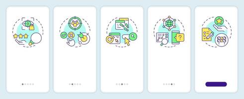 Steps to perform audience analysis onboarding mobile app screen. Walkthrough 5 steps editable graphic instructions with linear concepts. UI, UX, GUI template vector