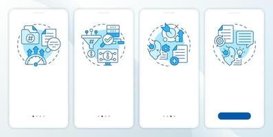 RAG process blue onboarding mobile app screen. Information walkthrough 4 steps editable graphic instructions with linear concepts. UI, UX, GUI template vector