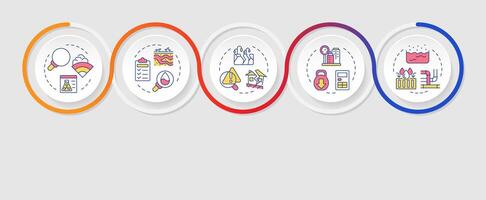 Geotech survey infographics circles sequence. Geodetic investigation. Civil engineering. Visualization layout with 5 steps. Info chart loop process presentation vector