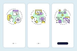 Kinds of website visitor tracking onboarding mobile app screen. Walkthrough 3 steps editable graphic instructions with linear concepts. UI, UX, GUI template vector