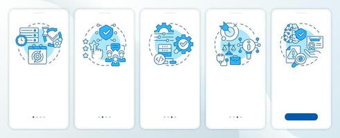 Benefits of RAG blue onboarding mobile app screen. AI semantic walkthrough 5 steps editable graphic instructions with linear concepts. UI, UX, GUI template vector