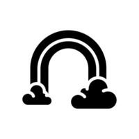 Rainbow and clouds black glyph icon. Symbolizing optimism, hope and weather phenomena. Colorful light after rain. Silhouette symbol on white space. Solid pictogram. Isolatedillustration vector