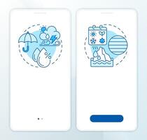 Climate vs weather blue onboarding mobile app screen. Nature walkthrough 2 steps editable graphic instructions with linear concepts. UI, UX, GUI template vector