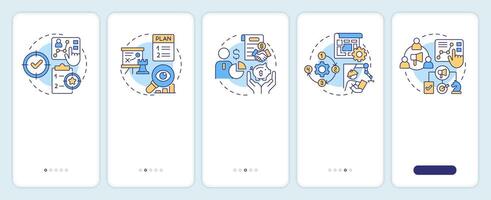 Starting manufacturing business onboarding mobile app screen. Walkthrough 5 steps editable graphic instructions with linear concepts. UI, UX, GUI template vector