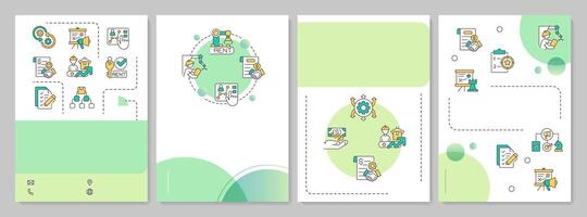 Contract manufacturing green gradient brochure template. Benefits, agreements and business tips. Leaflet design with linear icons. Editable 4 layouts vector