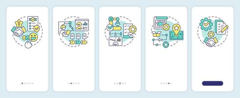 Choosing right contract manufacturer onboarding mobile app screen. Walkthrough 5 steps editable graphic instructions with linear concepts. UI, UX, GUI template vector