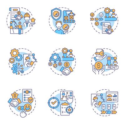 Contract manufacturing multi color concept icons. Outsourced production. Equipment rental. Private labeling, white labeling. Icon pack. Round shape illustrations. Abstract idea